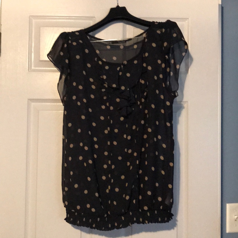 Navy and tan polka dot top